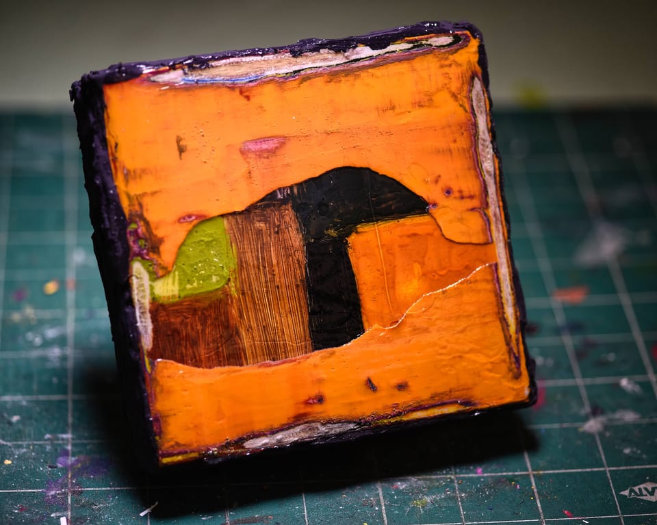 A 5”x5” mixed media abstract piece on canvas. 