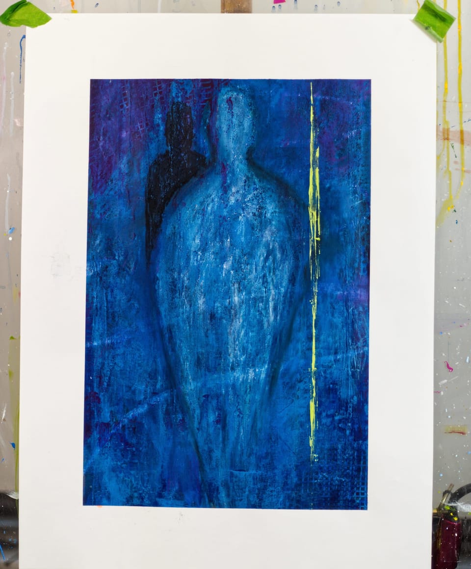An abstract painting showing two spirit-like presences