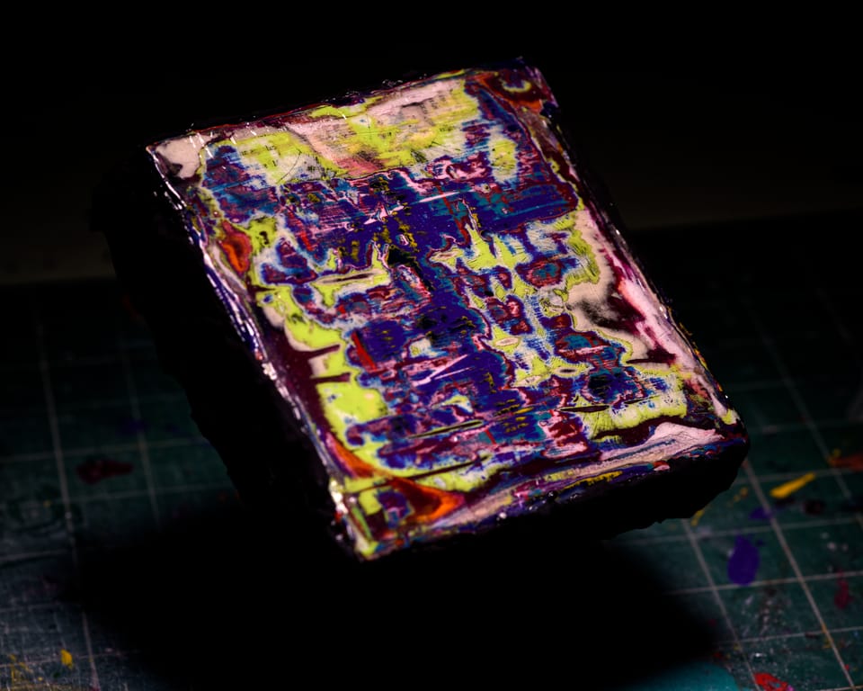 Title: Fordite Dimensions: 5” x 5” Medium: Mixed media on canvas