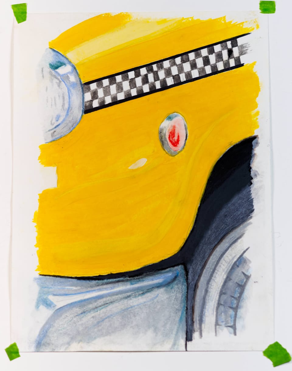 Abstract compostion of an yellow cab front bumper in acrylic and colored pencil